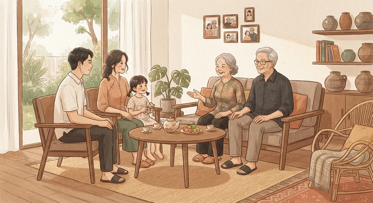 Gia đình Việt Nam ngồi nói chuyện với nhau trong không khí ấm áp