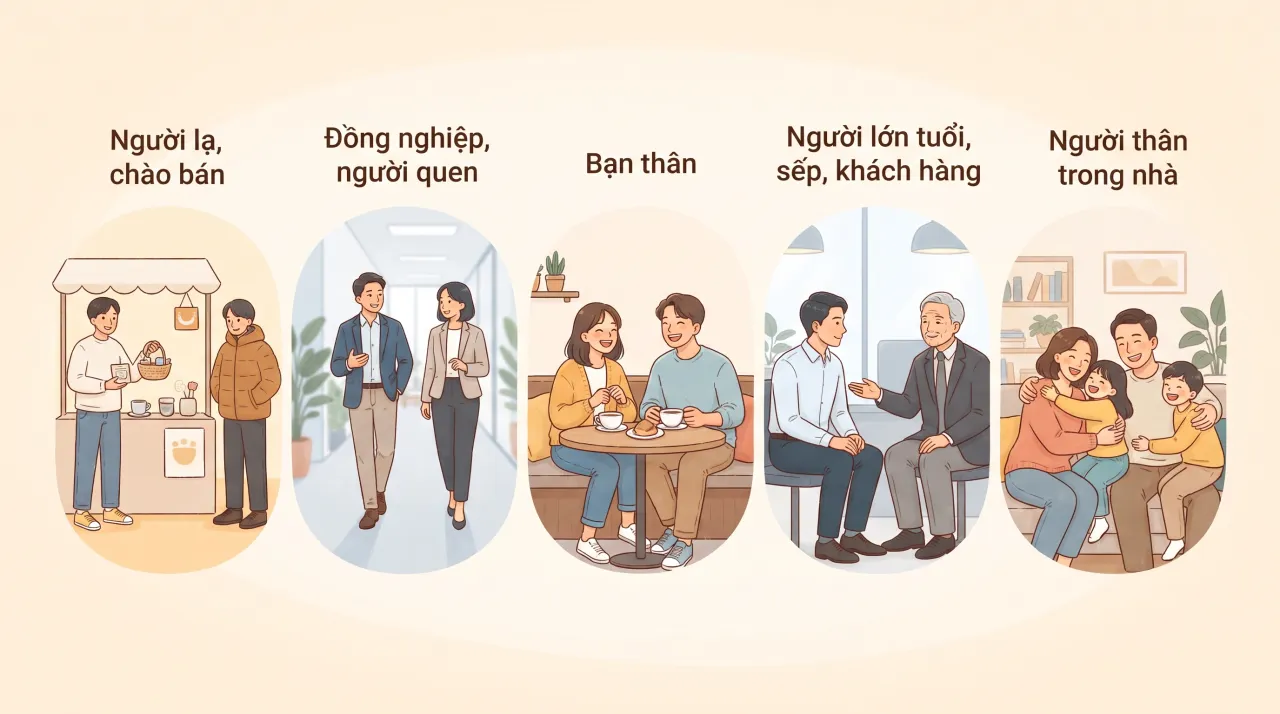 Bảng minh họa các mẫu câu từ chối theo mức độ thân quen