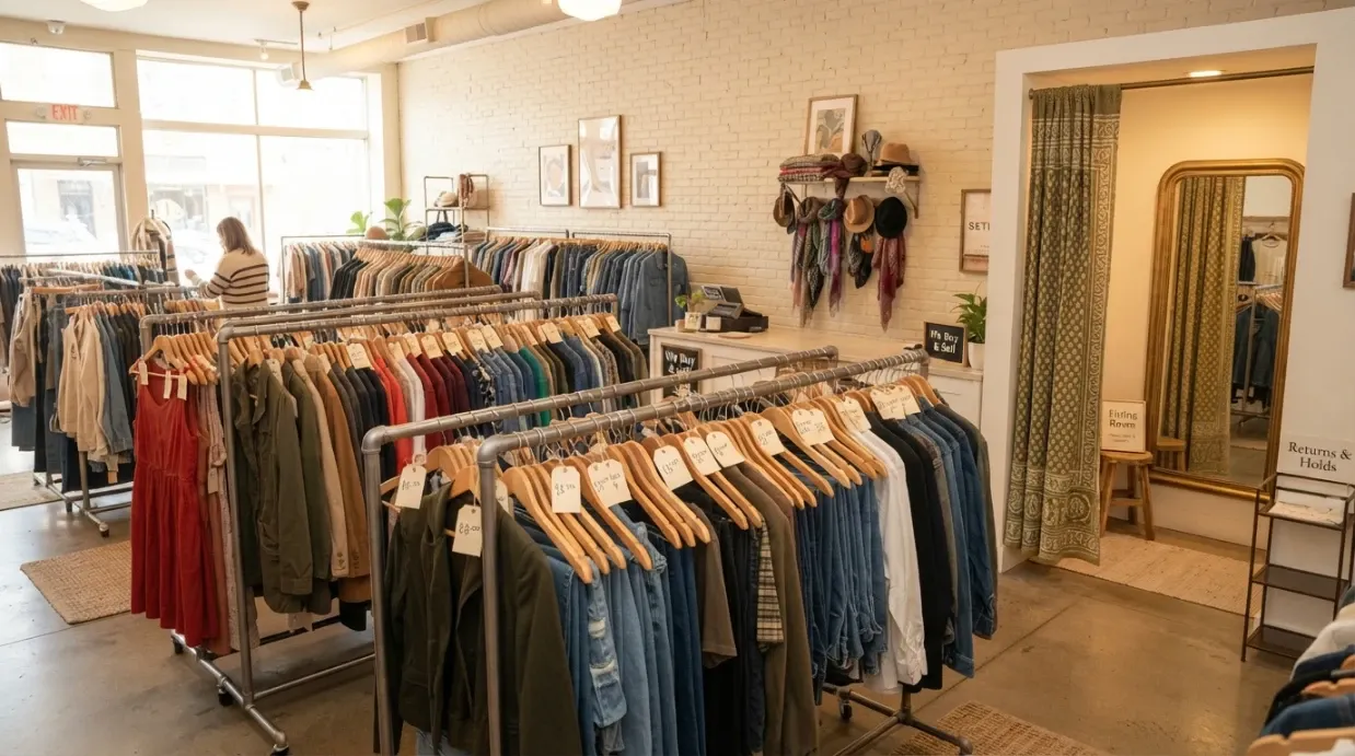 Shop secondhand bày biện gọn gàng với giá treo quần áo có niêm yết giá và khu thử đồ