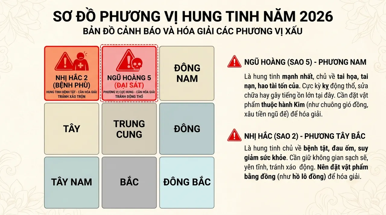 sơ đồ phương vị hung tinh Ngũ Hoàng và Nhị Hắc năm 2026 cần lưu ý hóa giải