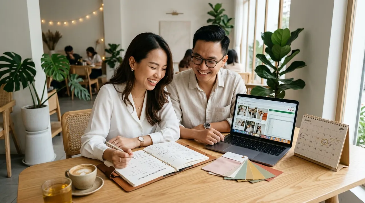 Cặp đôi ngồi lên kế hoạch đám cưới với sổ tay và lịch