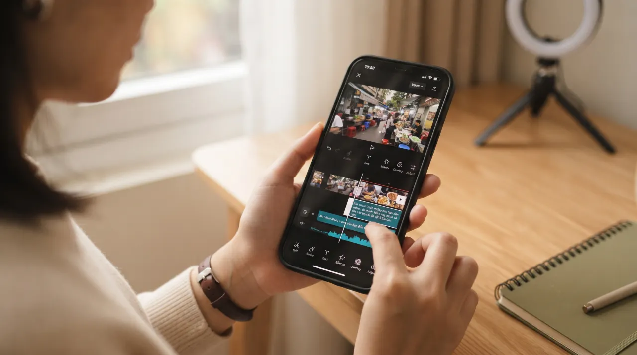 Người mới chỉnh video CapCut trên điện thoại với phụ đề tiếng Việt