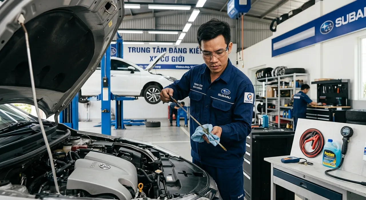 Kỹ thuật viên kiểm tra dầu động cơ trong quá trình bảo dưỡng định kỳ