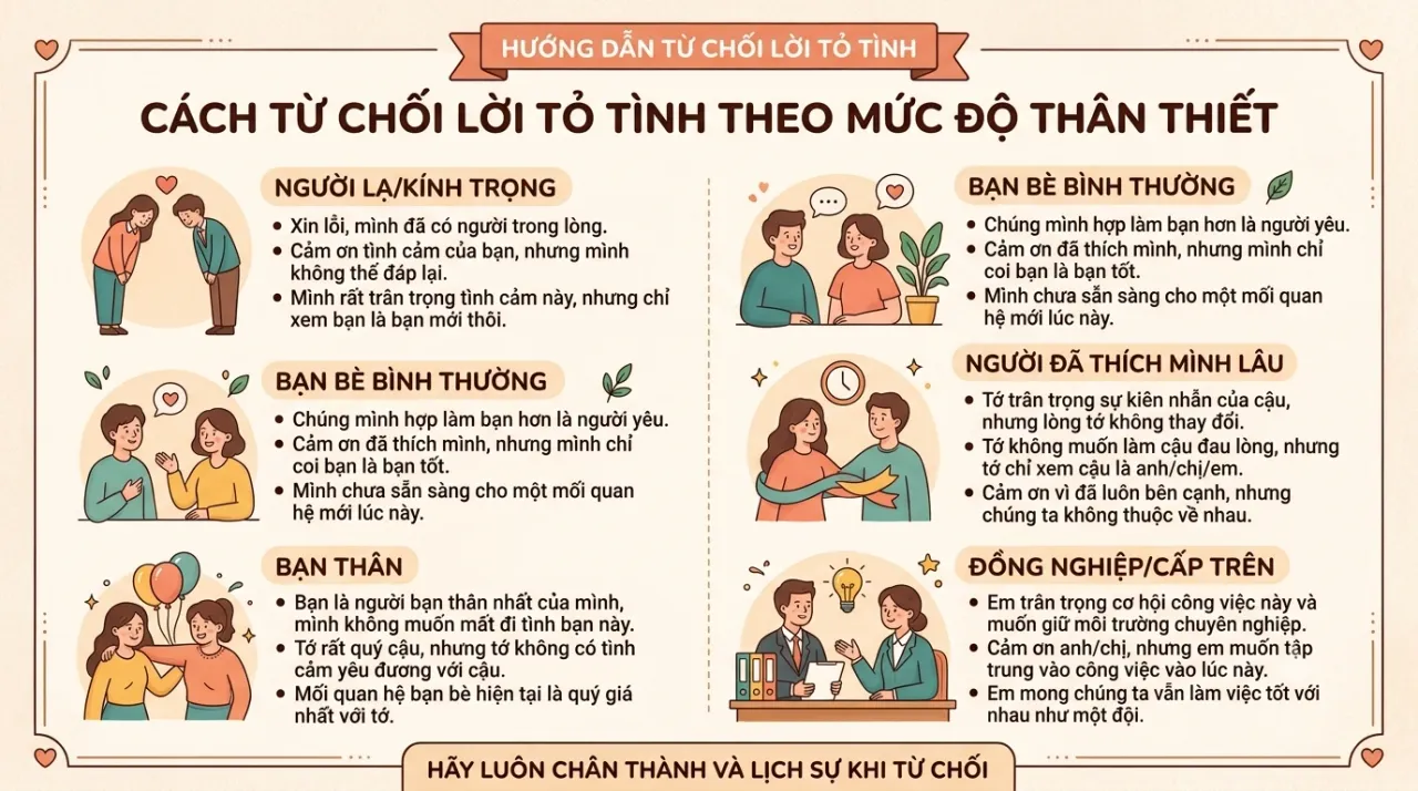 Bảng mẫu câu từ chối phân theo mức độ thân thiết