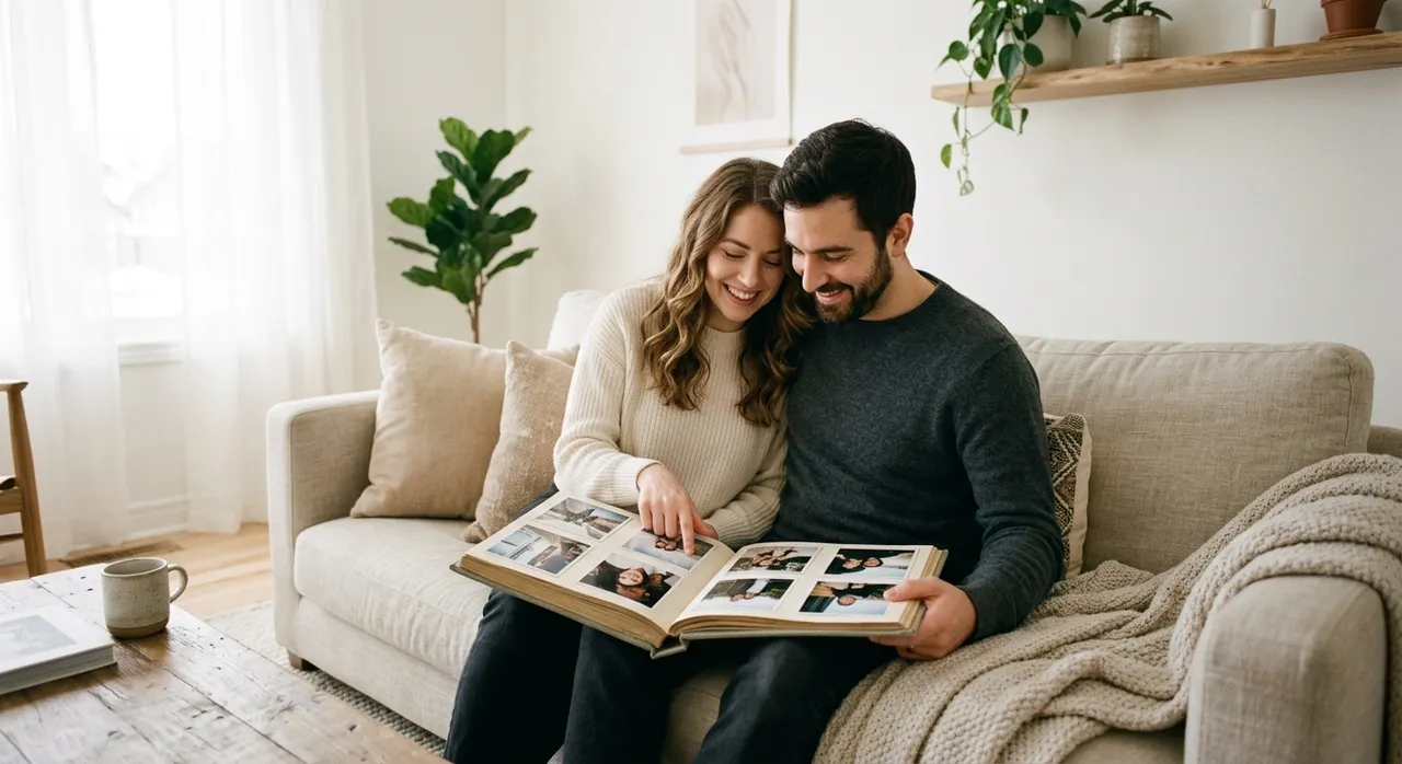 couple looking at old photos together