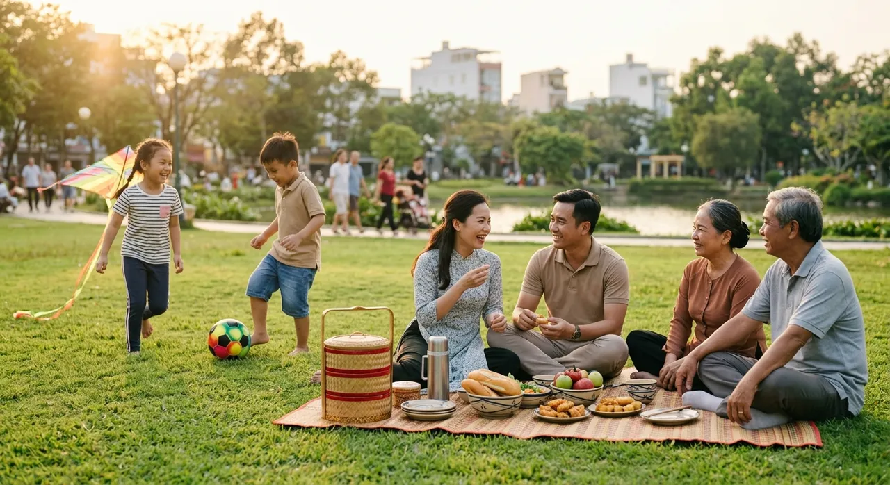 Gia đình dã ngoại trong công viên vào dịp lễ Quốc khánh