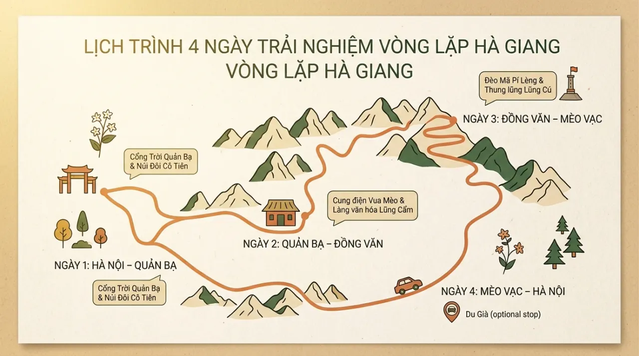 Bản đồ lịch trình gợi ý 3–4 ngày khám phá cao nguyên đá