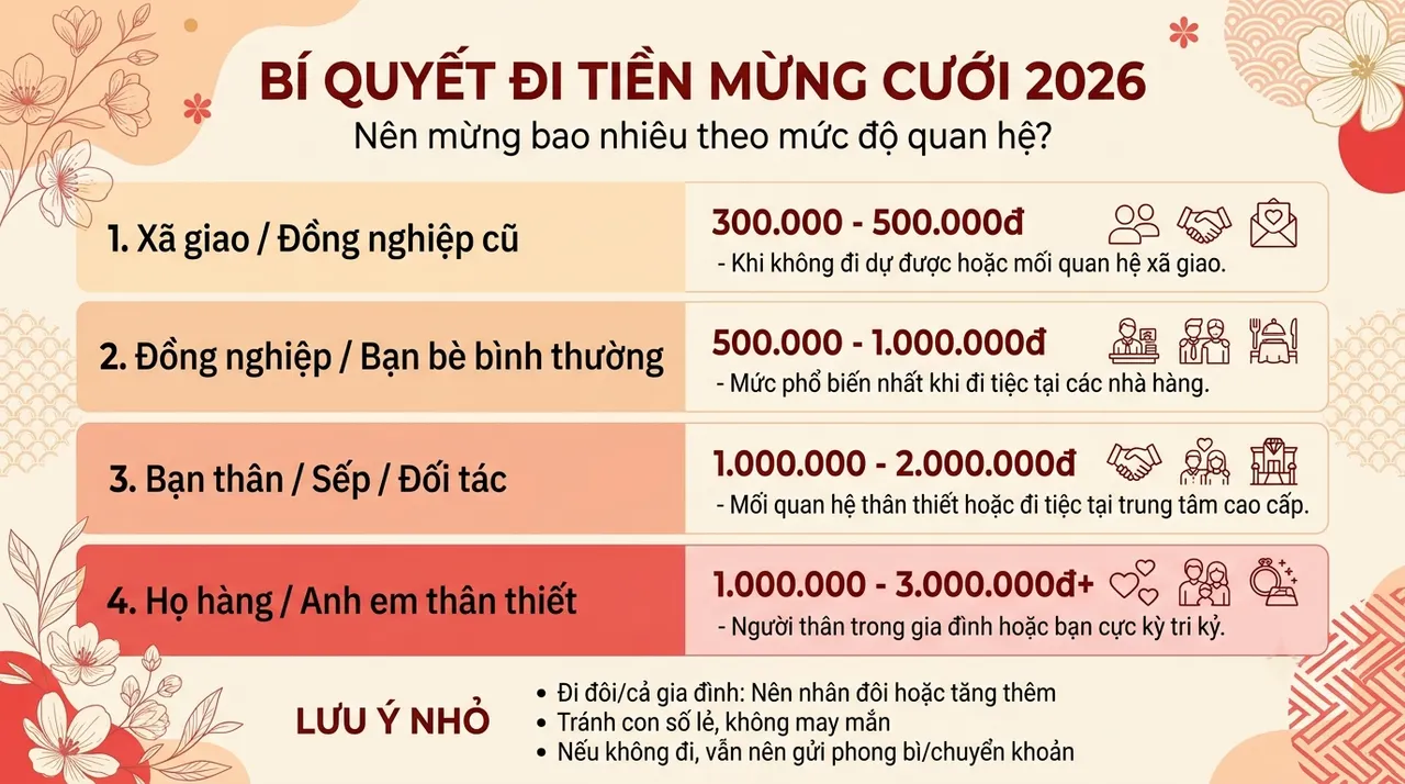 Bảng tổng hợp mức tiền mừng cưới 2026 theo từng nhóm mối quan hệ