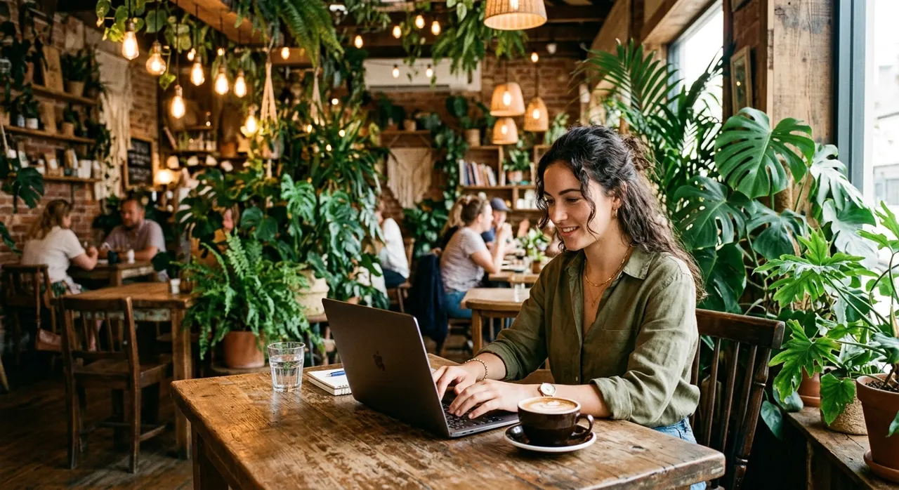 Một người trẻ làm việc trên laptop tại quán cafe ấm cúng giữa cây xanh nhiệt đới