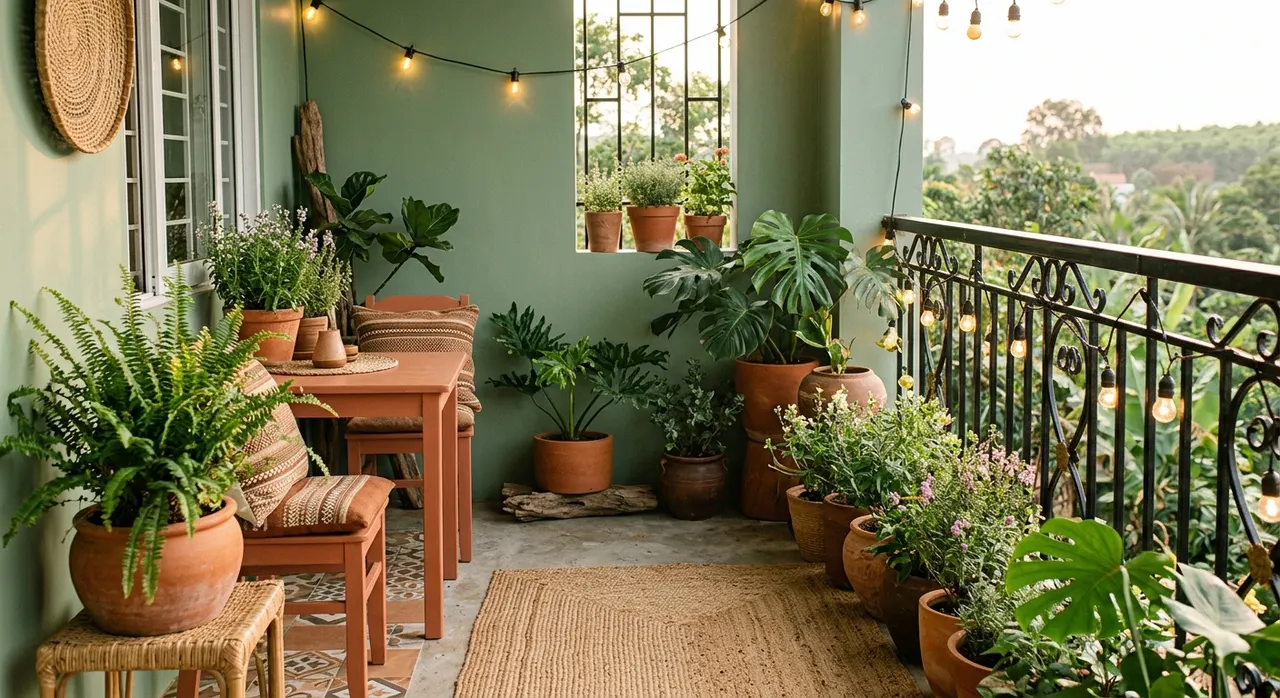 Bảng màu xanh ô liu và terracotta trên ban công