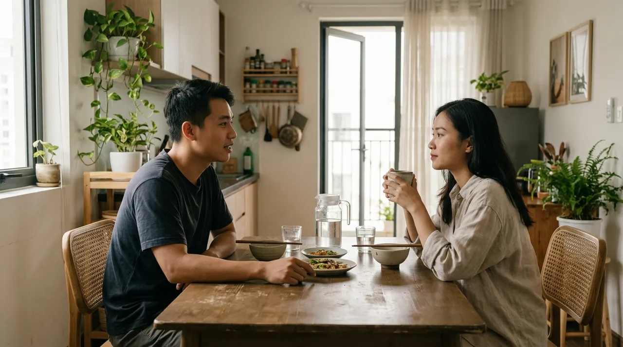 Cặp đôi ngồi nói chuyện nghiêm túc tại bàn ăn