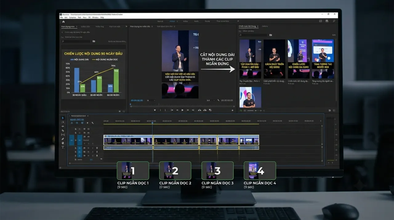 Màn hình chỉnh sửa đang cắt video dài thành nhiều đoạn ngắn