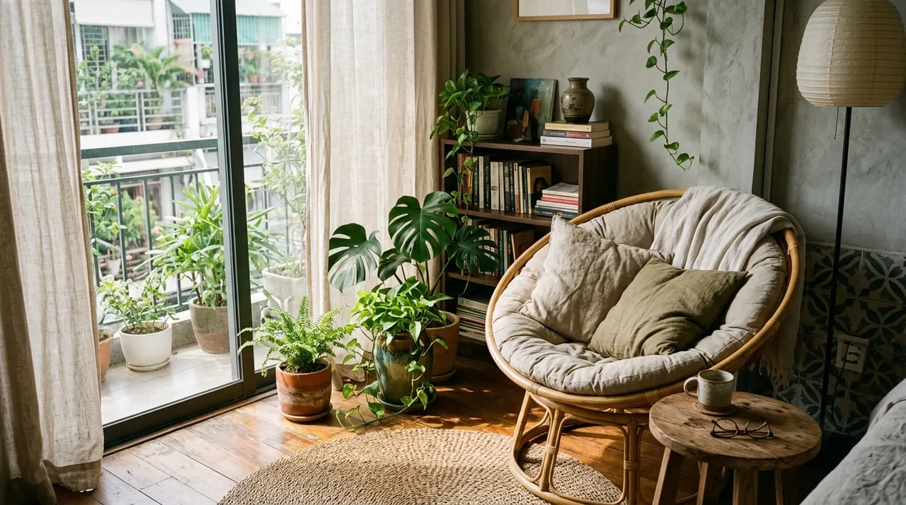 Góc đọc sách phong cách cottagecore trong căn hộ
