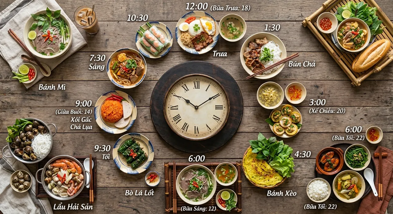 Sơ đồ phân bổ thời gian nấu nướng trong ngày