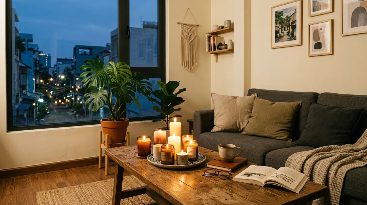 Không gian sống ấm cúng với nến thơm được bố trí tinh tế