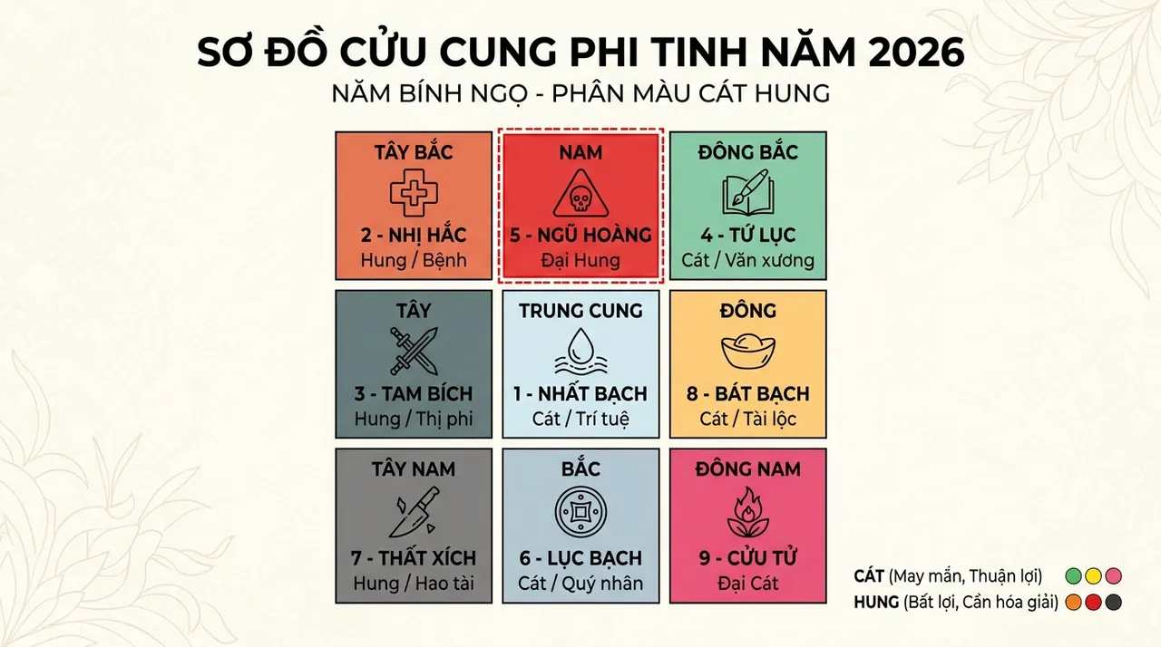 sơ đồ cửu cung phi tinh năm 2026 Bính Ngọ hiển thị vị trí 9 sao lưu niên trên 8 phương vị