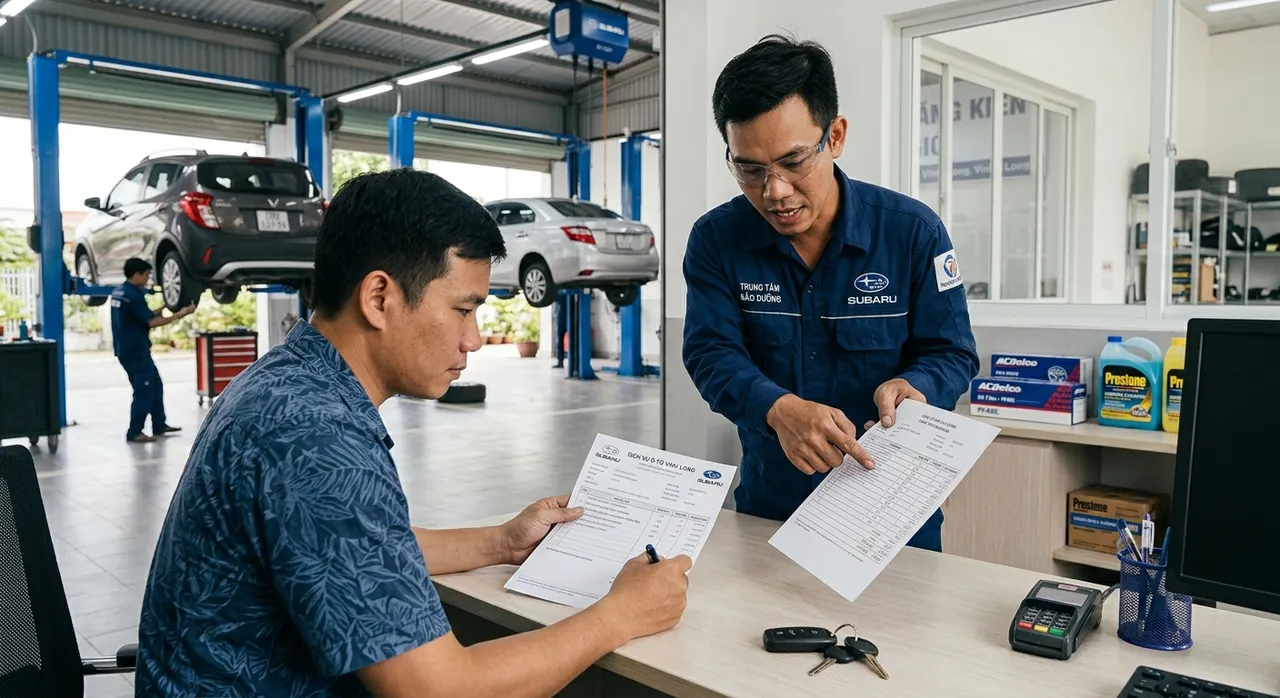 Chủ xe xem hóa đơn chi phí bảo dưỡng tại gara