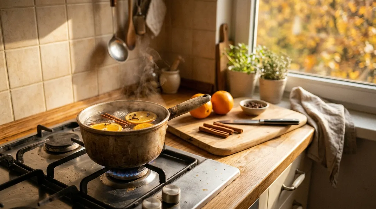 Nồi simmer pot với quế, cam và đinh hương trên bếp gas, ánh nắng autumn chiếu qua cửa sổ