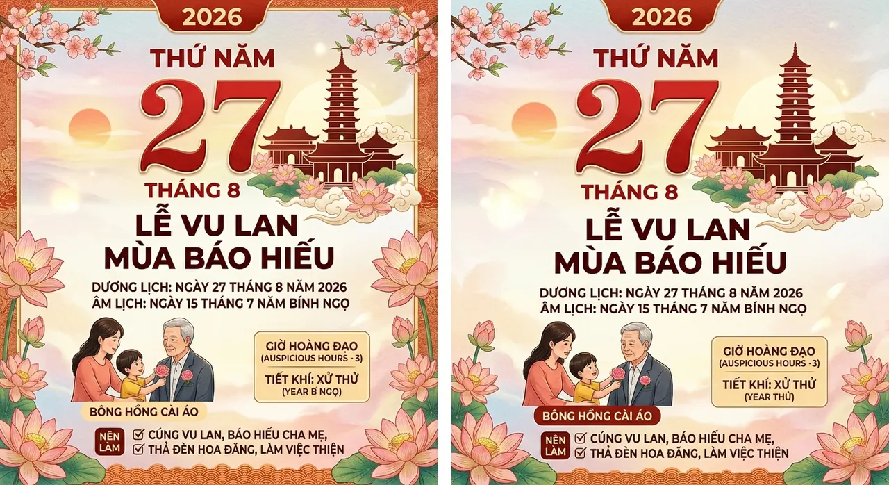 Lịch tháng 8 đánh dấu ngày Lễ Vu Lan 27/8