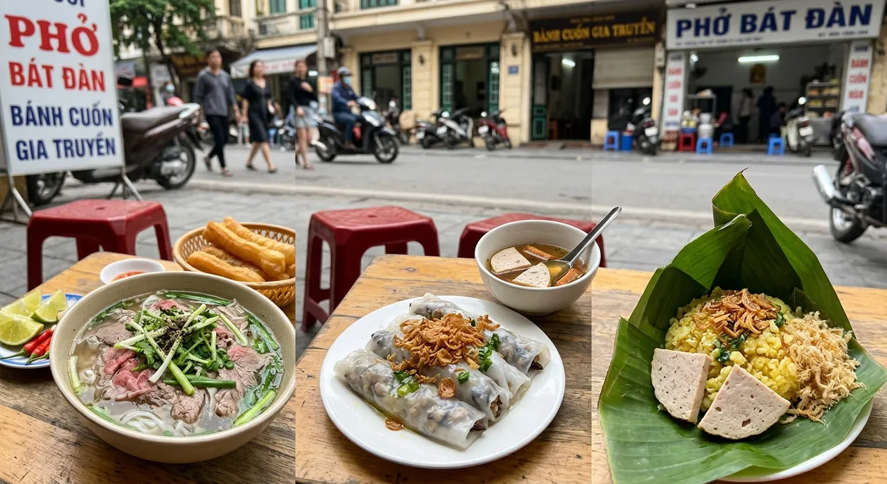 Quầy ăn sáng Hà Nội với phở, bánh cuốn và xôi trên bàn nhỏ
