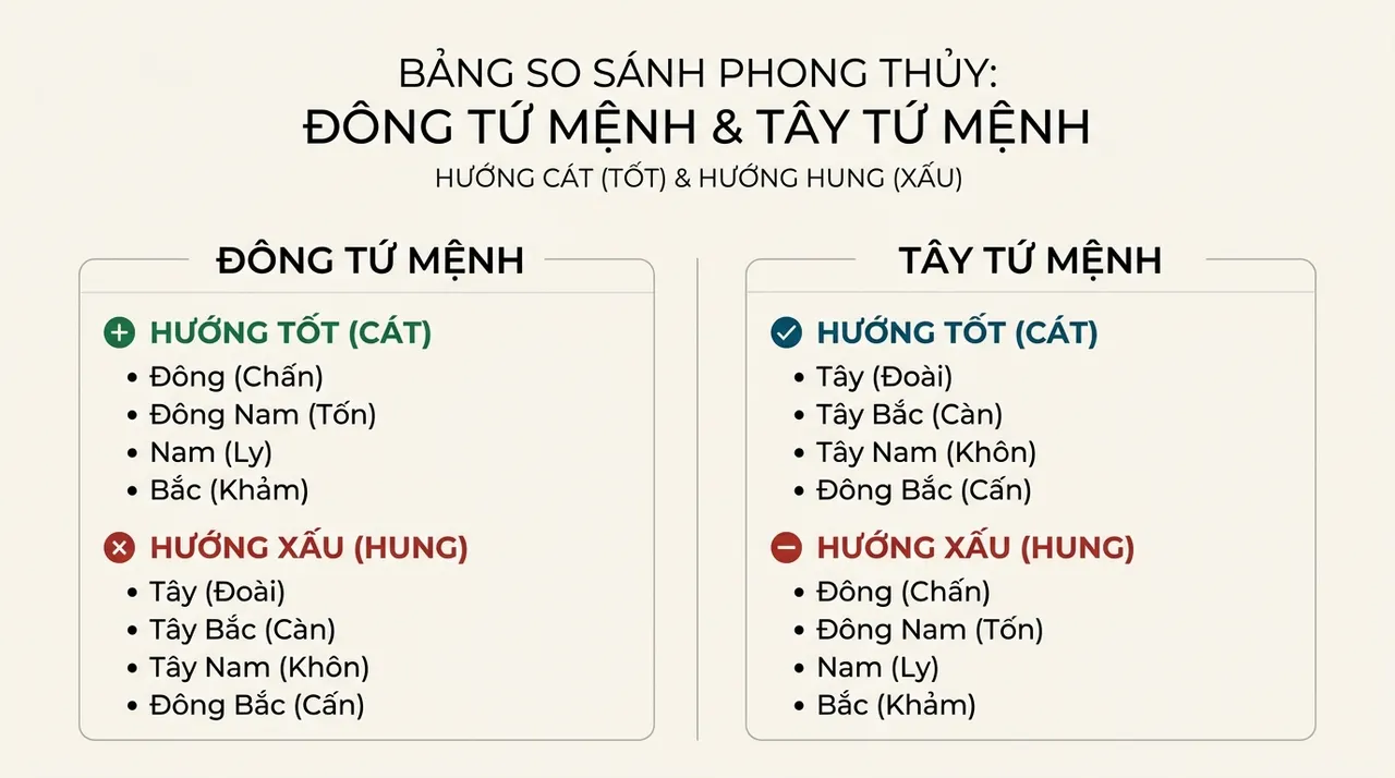 bảng so sánh hướng nhà cho người Đông Tứ Mệnh và Tây Tứ Mệnh với màu sắc phân biệt