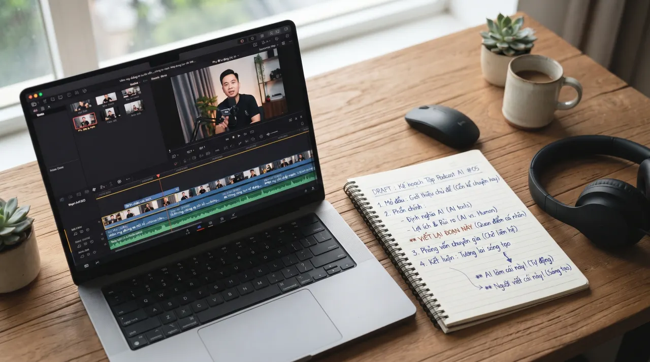 Giao diện chỉnh sửa video có phụ đề tự động bằng AI bên cạnh bản thảo dàn ý do người sáng tạo tự viết