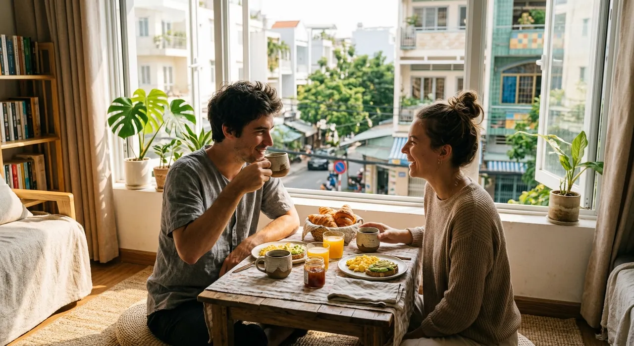 Cặp đôi trẻ cùng nhau ăn sáng trong ngày kỷ niệm
