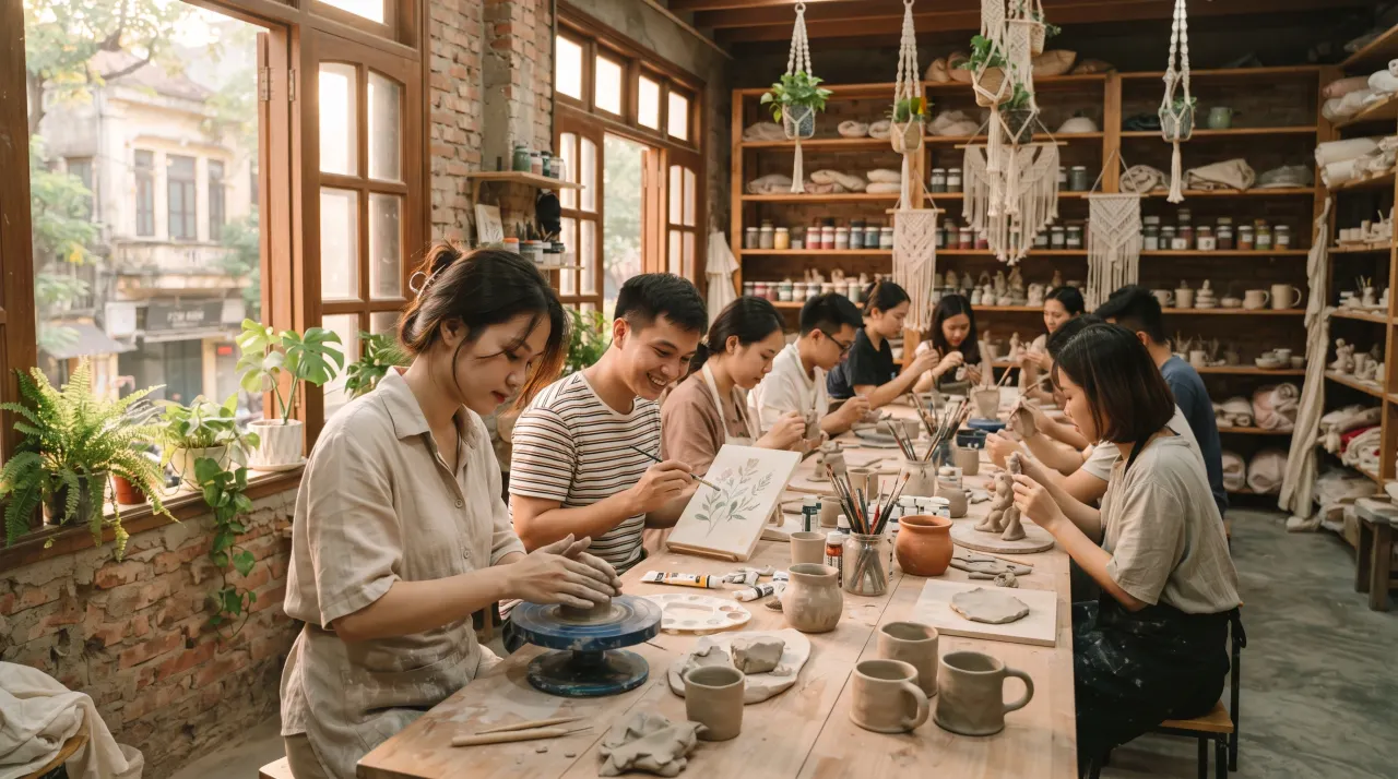 Người trẻ tham gia workshop sáng tạo cuối tuần trong studio