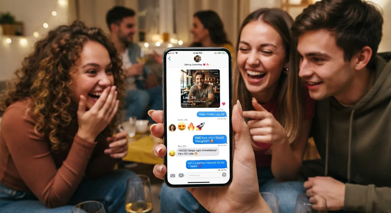 Bạn bè cùng nhau thẩm định profile hẹn hò trên điện thoại