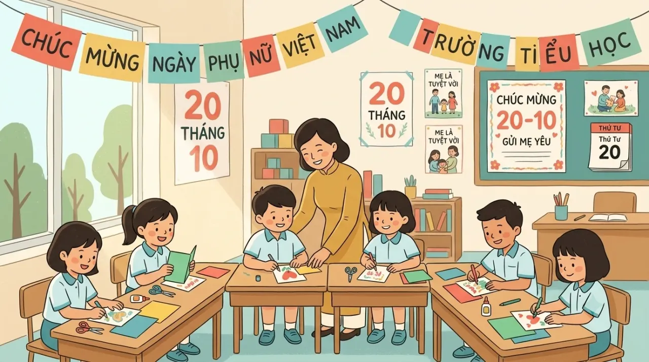 Học sinh làm thiệp trong hoạt động chào mừng ngày 20/10 ở trường
