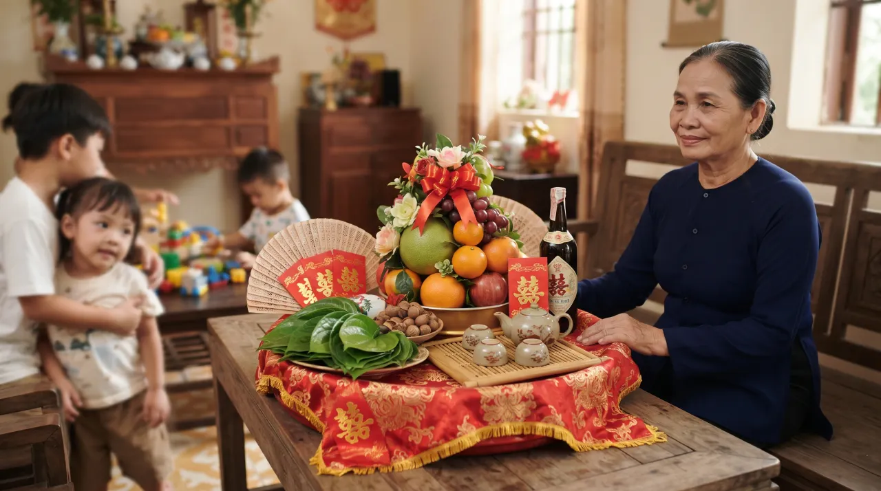 Mâm lễ vật dạm ngõ được đặt ngay ngắn, có người trông nom để tránh trẻ con nghịch