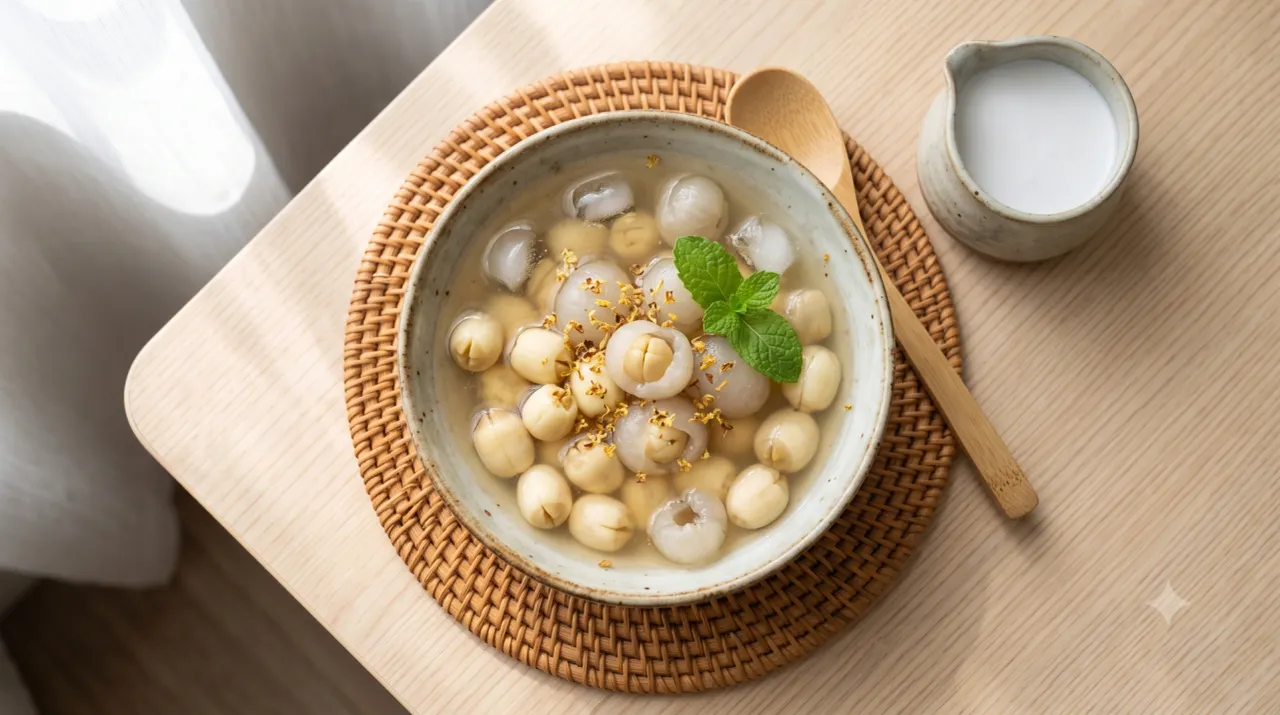 Bát chè sen long nhãn ăn kèm nước cốt dừa và đá bào