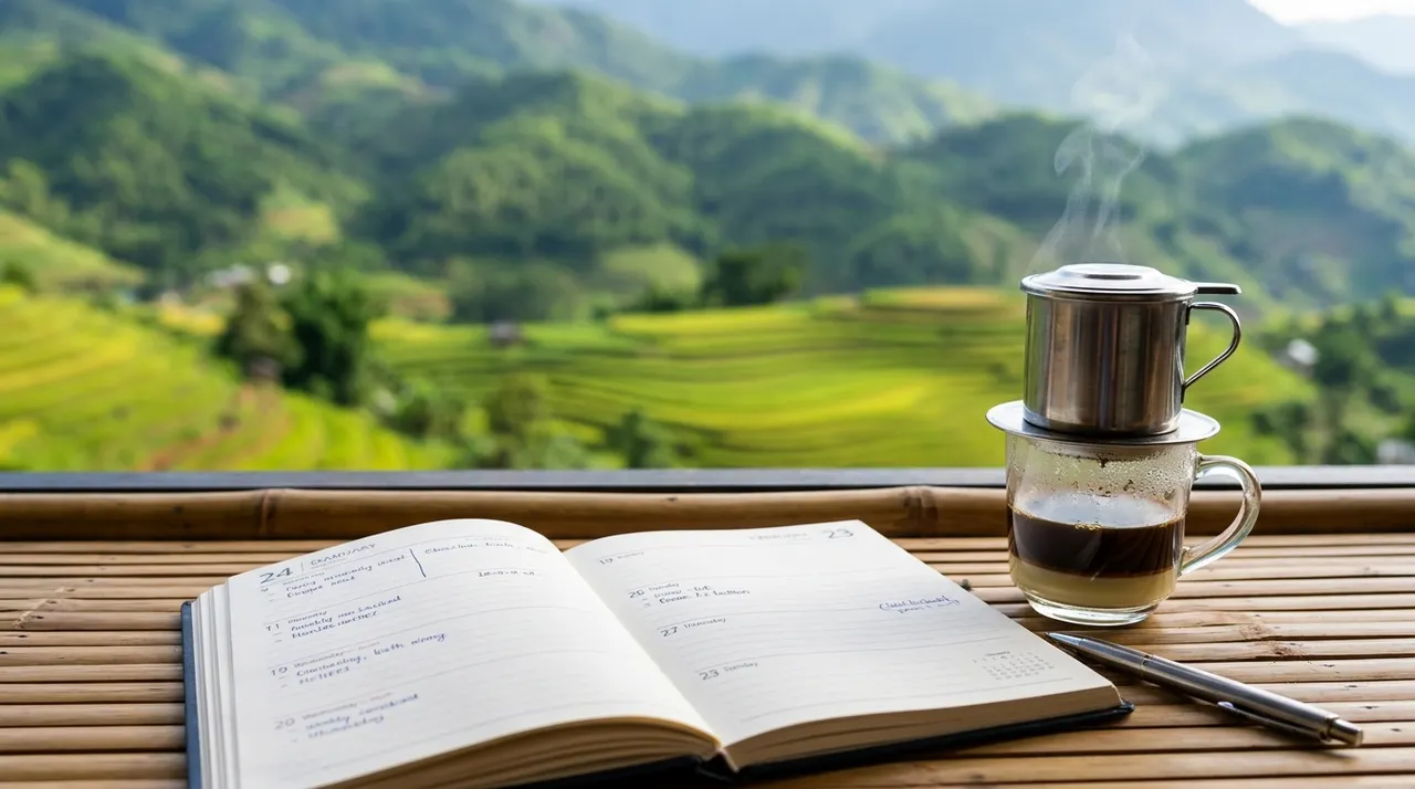 Sổ planner mở trên bàn tre với cà phê Việt Nam và nền núi rừng mờ