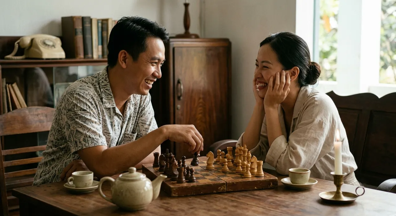 Một cặp đôi chơi cờ vua không dùng điện thoại