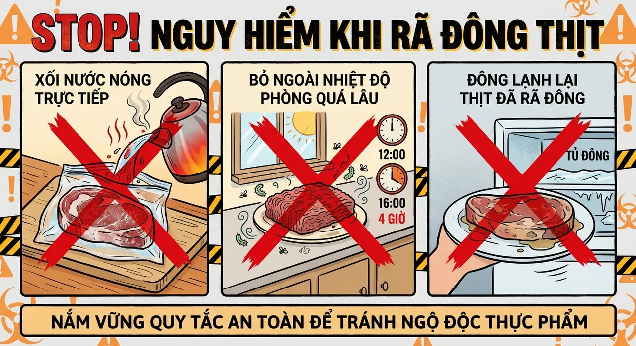 Các sai lầm rã đông thường gặp bị gạch chéo như rã đông bằng nước nóng, để thịt ngoài phòng quá lâu, cấp đông lại sau khi rã