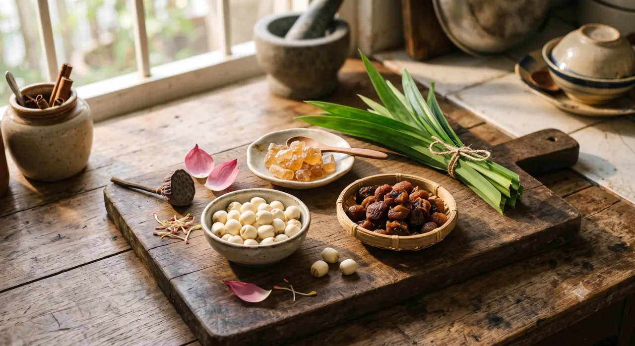 Nguyên liệu làm chè sen long nhãn gồm hạt sen, long nhãn, đường phèn, lá dứa