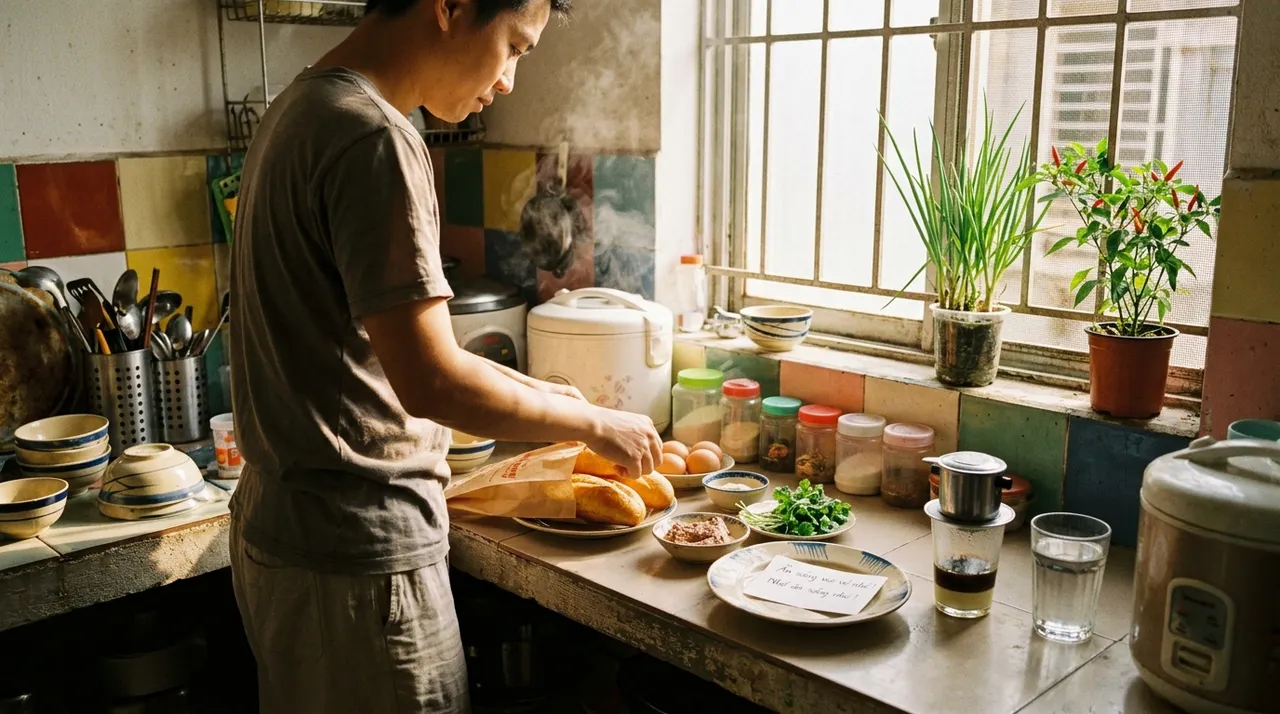 Bữa sáng giản dị kèm mảnh giấy nhắn nhỏ trên đĩa