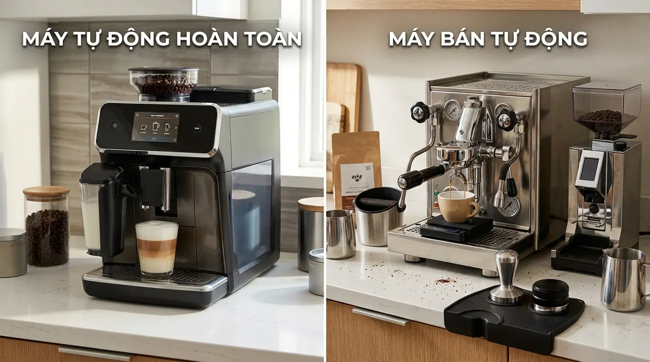 So sánh máy tự động và máy bán tự động pha cà phê