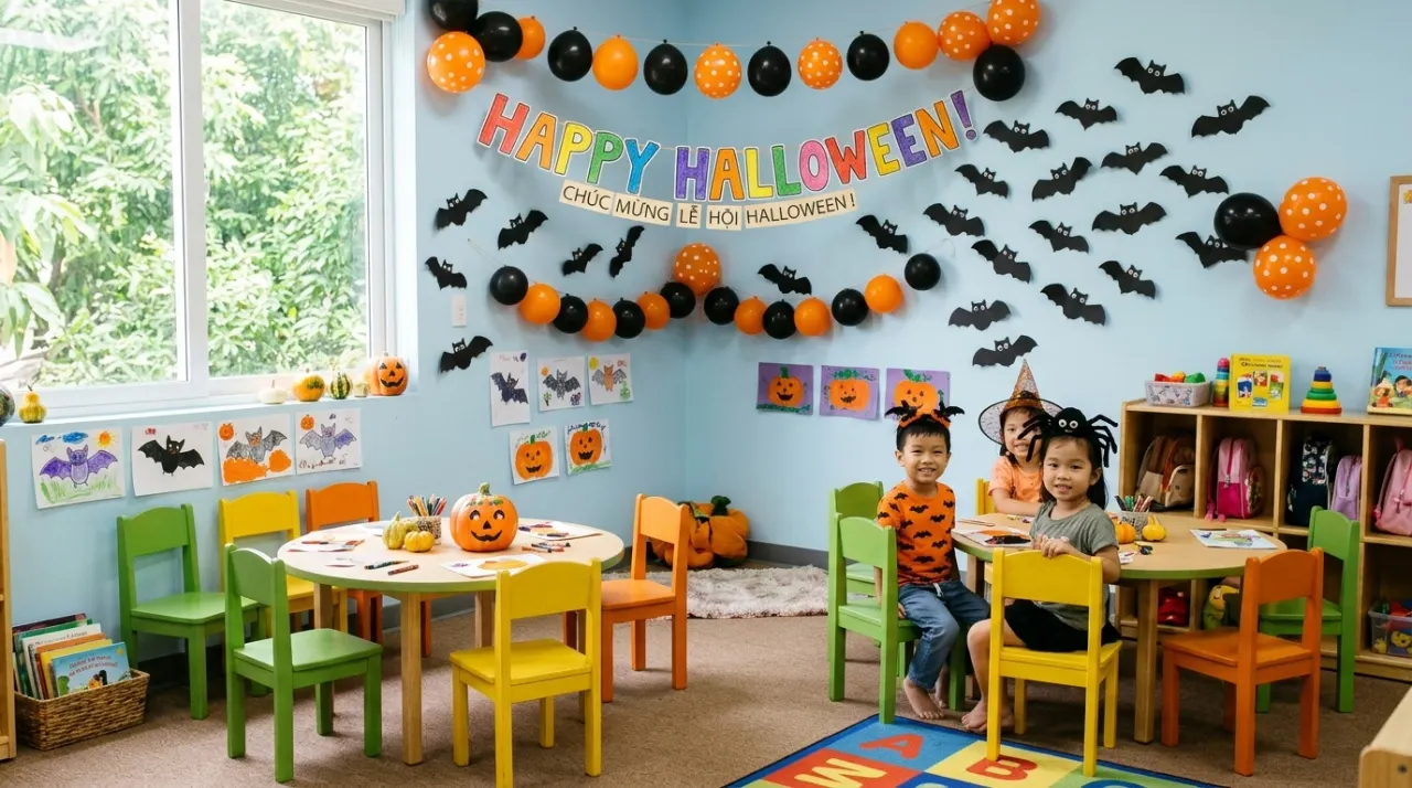 Lớp mầm non được trang trí Halloween nhẹ nhàng với bóng bay và dơi giấy