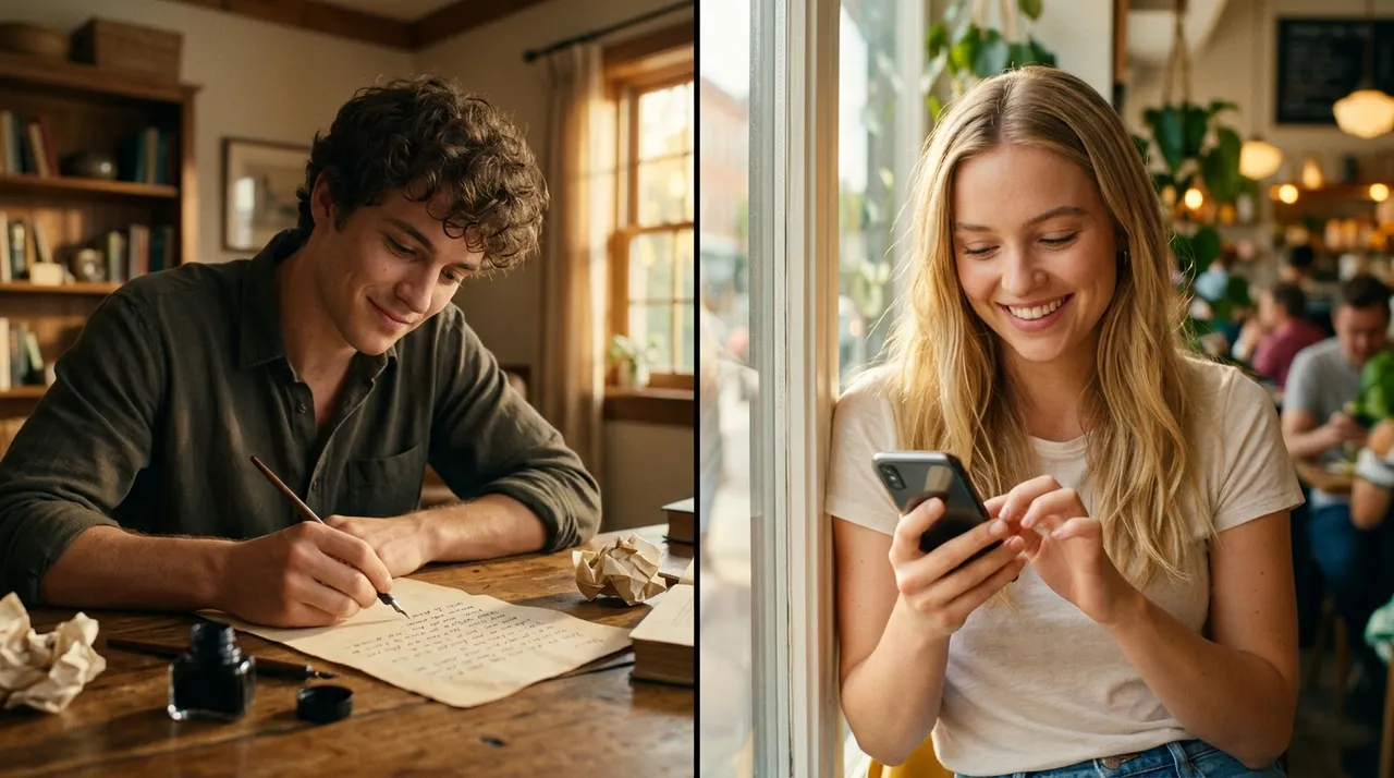 Hai hình ảnh: viết thư tay và nhắn tin ngọt ngào
