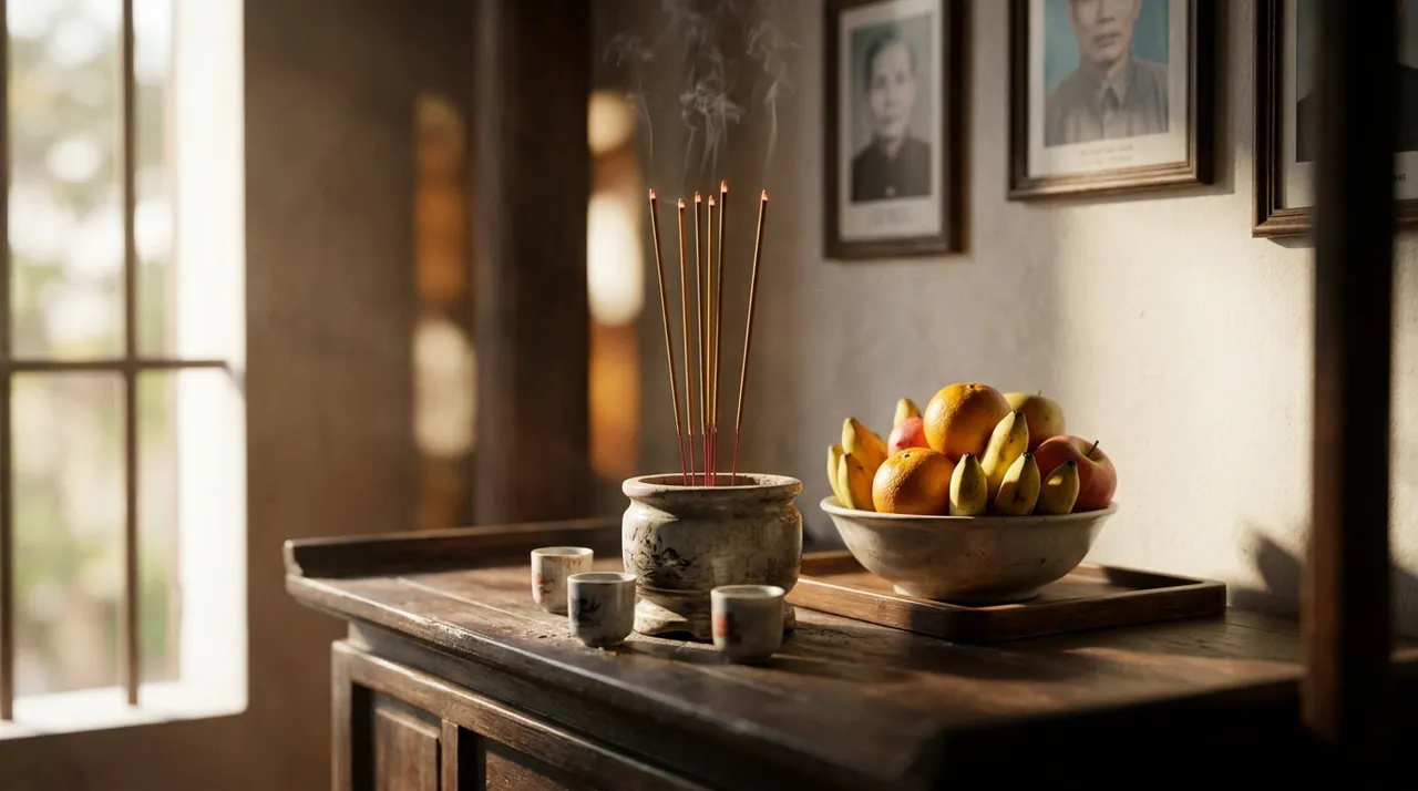 Mâm cúng thanh tịnh trên bàn thờ sáng sớm ngày Vu Lan
