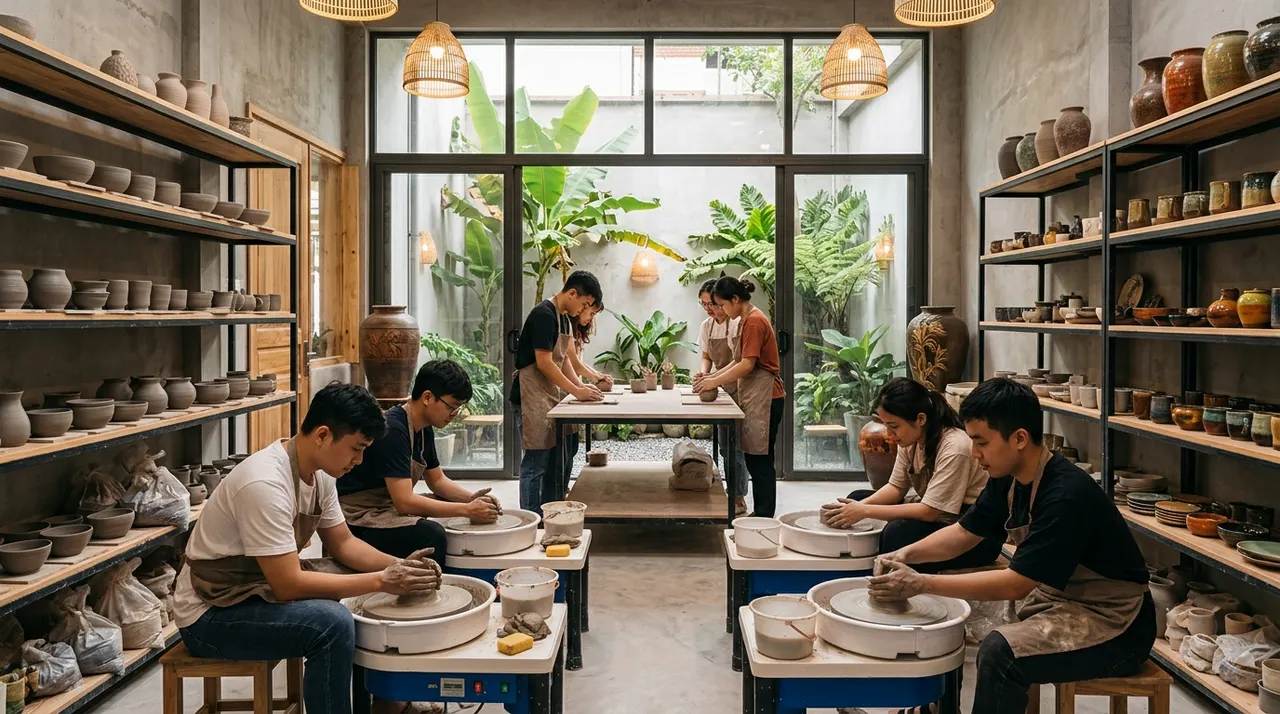 Không gian workshop làm gốm ấm cúng với nhiều bạn trẻ đang trải nghiệm