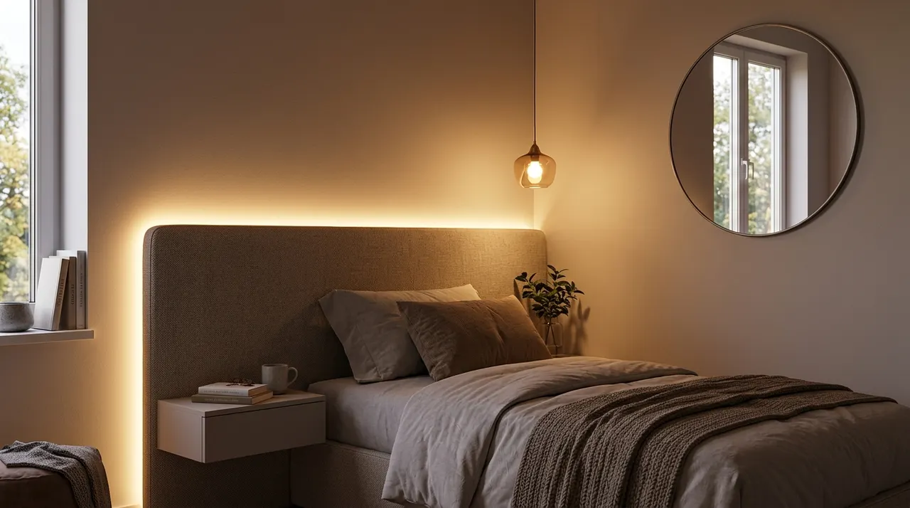 Hệ thống đèn LED ấm áp trong phòng ngủ nhỏ