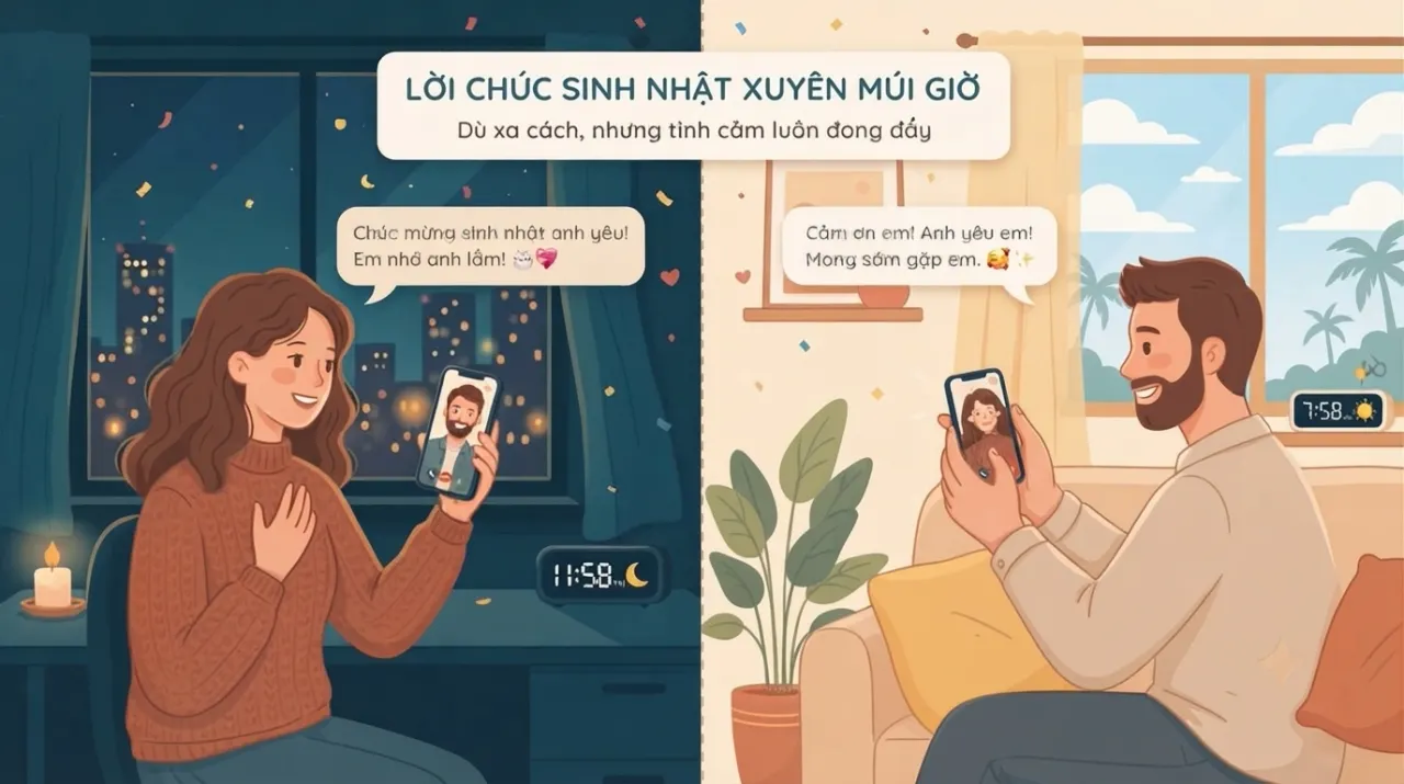 Yêu xa chúc sinh nhật qua tin nhắn ở hai múi giờ khác nhau