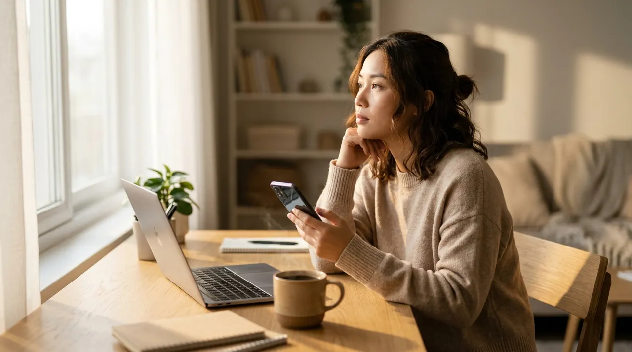 Người phụ nữ văn phòng nhìn điện thoại với vẻ mệt mỏi