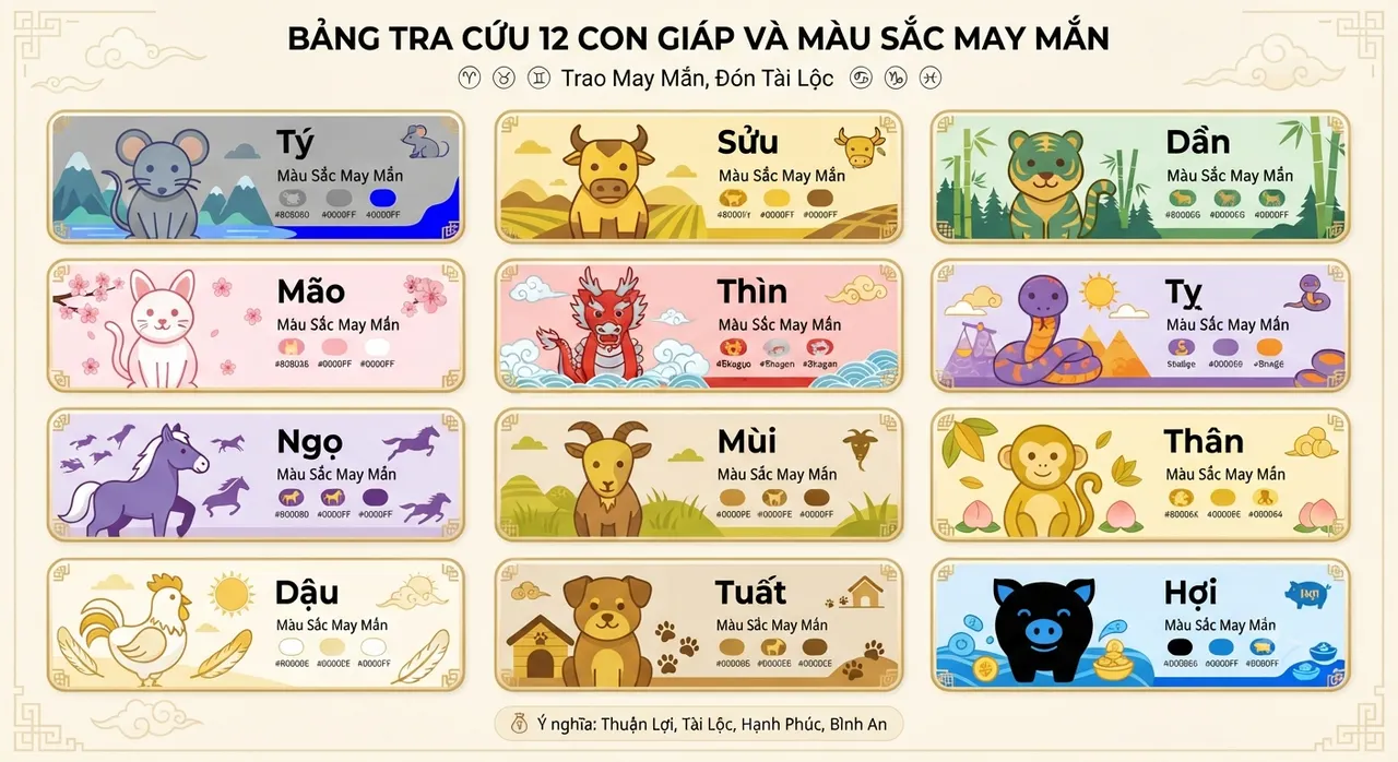 Bảng màu sắc may mắn 12 con giáp Trung thu 2026