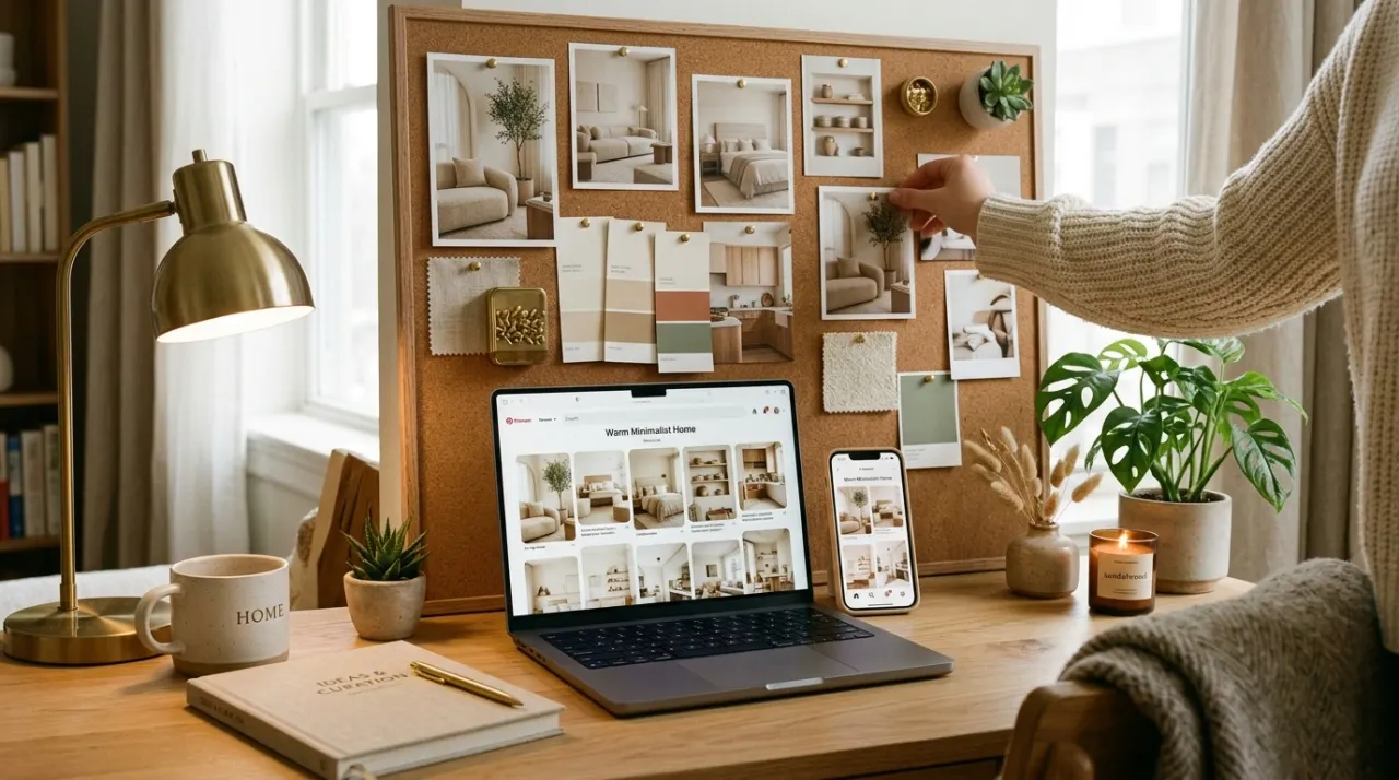 Màn hình hiển thị bảng Pinterest với nhiều ảnh nội thất tông ấm