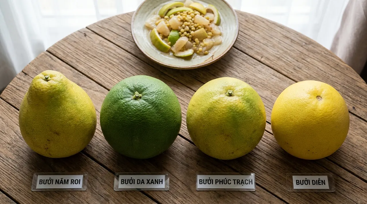 các loại bưởi phù hợp nấu chè bưởi - Năm Roi, Da Xanh, Phúc Trạch, Diễn