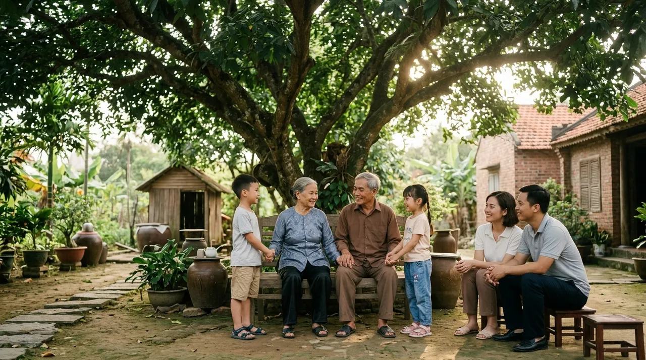 Ông bà nắm tay cháu trong sân nhà ngày Vu Lan