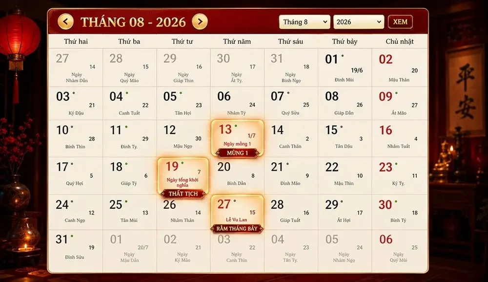 Lịch âm ngày Thất Tịch 2026